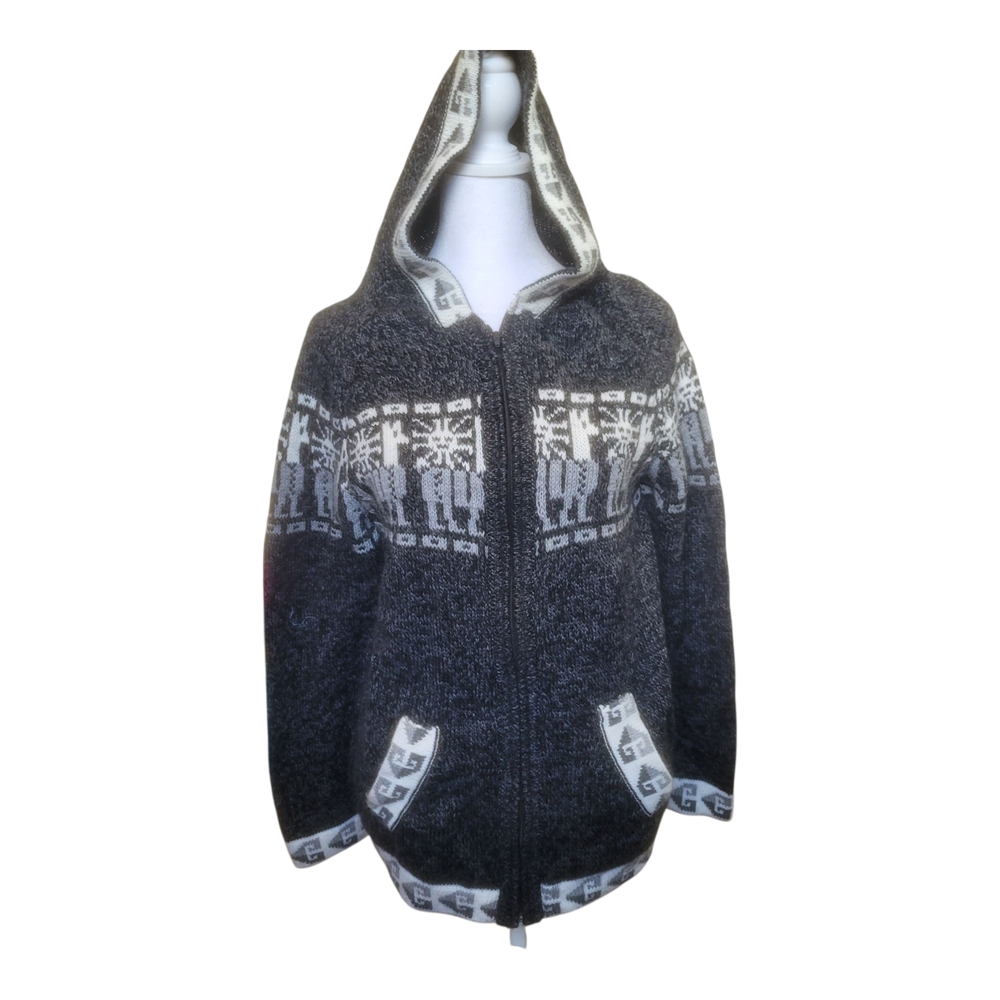 Gray Hooded Sweater with White‎ Pattern